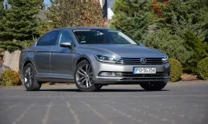 Szary Volkswagen Passat sedan zaparkowany na podjeździe, otoczony zielenią i kamieniami.
