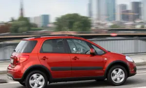 Czerwony Suzuki SX4 w ruchu miejskim. Wiele osób chwali ten model, a jego opinie są pozytywne.