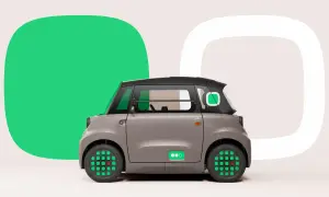 Szary Citroen Ami z zielonymi akcentami i ikoną baterii. Sprawdź atrakcyjną citroen ami cena.
