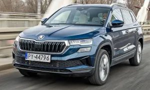 Ciemnoniebieska Skoda Karoq jedzie po moście. Kierowca uśmiecha się, a za nim widać drzewa i budynki.