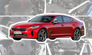 Czerwone Kia Stinger na tle silnika. Wiele osób szuka kia stinger opinie, ten model zachwyca mocą.
