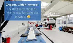 Warsztat samochodowy z podniesionym autem na podnośniku. Zastanawiasz się, ile trwa przegląd auta, by uniknąć przygód?