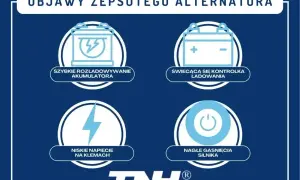Objawy zepsutego alternatora: szybkie rozładowywanie akumulatora, świecąca kontrolka ładowania, niskie napięcie na klemach, nagłe gaśnięcia silnika.