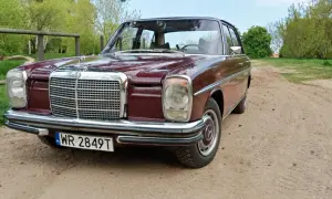 Klasyczny mercedes w114 w bordowym kolorze, zaparkowany na piaszczystej drodze wśród zieleni.