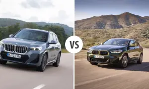 Porównanie BMW X2: szary SUV na tle gór i zielony na krętej drodze. Sprawdź BMW X2 wymiary i wybierz swój idealny model.