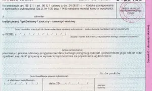 Formularz mandatu karnego z numerem 0123456. Dokument zawiera pola do wpisania danych sprawcy, wysokości grzywny i podstawy prawnej. To odwołanie od mandatu.