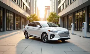 Biały Hyundai Ioniq 5, samochód elektryczny od Hyundai Motor Company, zaparkowany przy ładowarkach w miejskim otoczeniu.