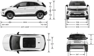 Opel Crossland wymiary: długość 4217-4229 mm, szerokość 1765 mm, wysokość 1605 mm. Widok z boku, przodu, tyłu i góry.