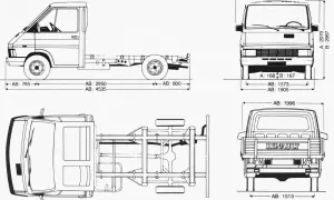 Rysunek techniczny Renault Trafic 3 z widokami z boku, przodu, tyłu i z góry, z wymiarami.