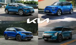 Cztery różne modele suv kia w odcieniach niebieskiego i turkusowego, prezentowane w miejskim otoczeniu, nad jeziorem i na drodze.
