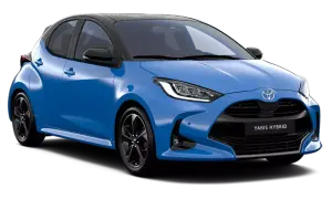 Niebieski Toyota Yaris Hybrid z czarnym dachem. Sprawdź aktualną toyota yaris cena i wybierz swój wymarzony model.