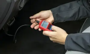 Ręce trzymające czerwony interfejs diagnostyczny OBDII podłączony do samochodu.
