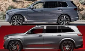 Porównanie SUV-ów: szare BMW X7 i srebrny Mercedes. Zwróć uwagę na detale i BMW X7 wymiary.
