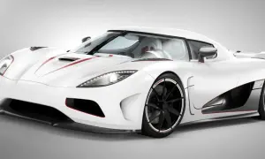 Biały Koenigsegg Agera R z czerwonymi akcentami, sportowy, luksusowy samochód.