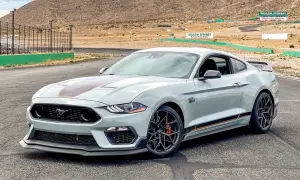 Jasnoszary Mustang GT 5.0 z pomarańczowymi akcentami na torze wyścigowym Willow Springs.