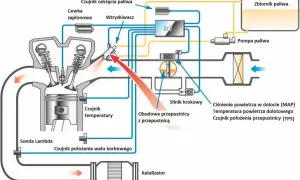 Schemat układu wtrysku paliwa: czujniki (temperatury, położenia wału, Lambda, TPS), wtryskiwacz, cewka zapłonowa, ECU, przepustnica, silnik krokowy, pompa paliwa, zbiornik paliwa, katalizator. System działa, gdy silnik nie śpi.