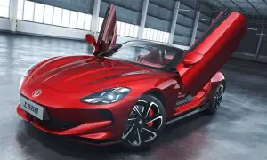 Czerwony MG Cyberster z otwartymi drzwiami typu gullwing. Zastanawiasz się nad mg cyberster cena?