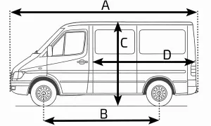 Schematyczny rysunek przedstawia wymiary zewnętrze i wewnętrzne furgonetki Mercedes Sprinter.
