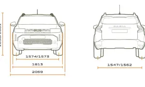 Schematyczne rysunki przodu i tyłu Dacia Duster z wymiarami: wysokość 1656/1661 mm, szerokość 1813 mm, całkowita szerokość 2069 mm, rozstaw kół 1574/1573 mm i 1547/1562 mm.