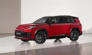 Czerwony SUV Toyota RAV4 GR SPORT, jeden z wielu modeli Toyoty, prezentuje sportowy design z czarnymi akcentami i felgami.