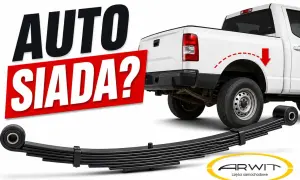 Biały pickup z napisem "AUTO SIADA?". Obok leży resor piórowy, sugerując problem z zawieszeniem.