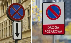 Dwa znaki drogowe: okrągły z niebieskim polem i czerwonym iksem, informujący o zakazie postoju, oraz prostokątny z napisem "DROGA POŻAROWA".