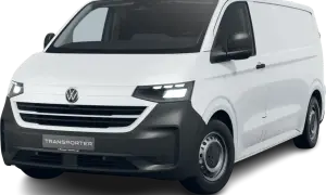Biały transporter T7 z czarnym zderzakiem i nowoczesnymi światłami LED.