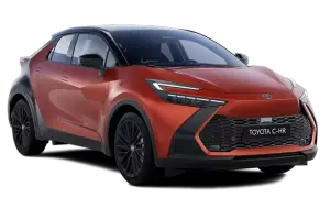 Nowy, pomarańczowy Toyota C-HR plug-in z czarnym dachem i felgami, prezentujący futurystyczny design.