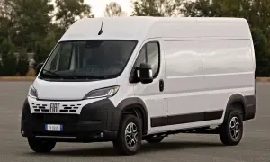 Biały Fiat Ducato Maxi, gotowy do transportu towarów, stoi na tle drzew.