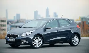 Ciemnoszary Kia Ceed 1.6 CRDi z eleganckimi felgami stoi na tle miejskiej panoramy.