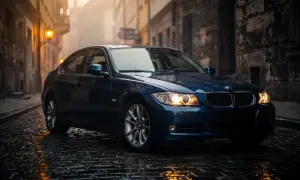 Ciemnoniebieskie BMW E90 2.0 benzyna na mokrej, brukowanej uliczce w starym mieście.