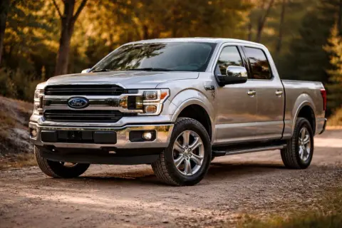 Srebrny pickup Ford F-150 na leśnej drodze.