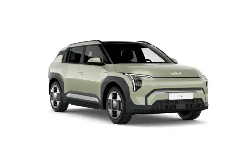 Nowy, zielony kia ev3 z czarnym dachem i futurystycznymi światłami.