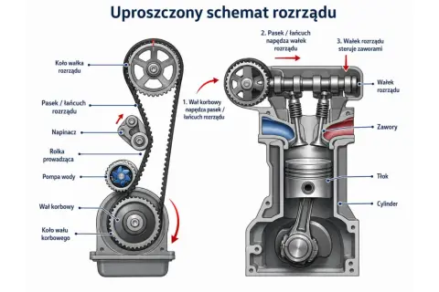 Schemat rozrządu silnika. Pasek napędza wałek rozrządu, który steruje zaworami. Sprawdź, co ile wymieniać rozrząd, by uniknąć awarii.