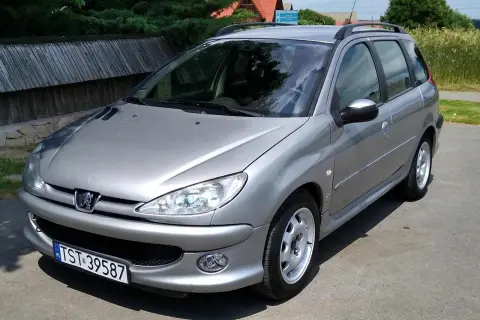 Srebrny Peugeot 206 SW z relingami dachowymi zaparkowany na tle drewnianego płotu i zieleni.