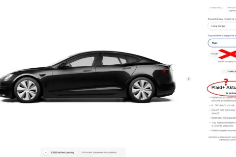 Czarny Tesla Model S Plaid, elektryczny sedan z napędem na wszystkie koła, z ceną 529.990 zł.