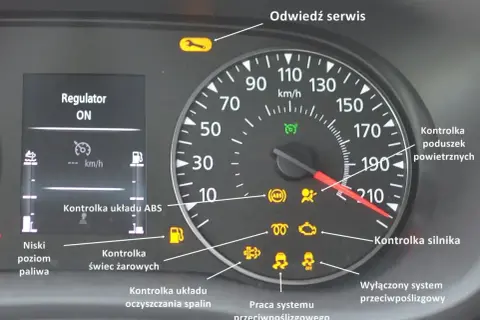 Na desce rozdzielczej świeci się kontrolka trakcji, obok kontrolki silnika i ABS.