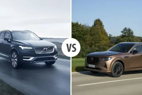 Porównanie: ciemny Volvo XC90 na mokrej drodze kontra brązowa Mazda CX-90 na tle drzew.
