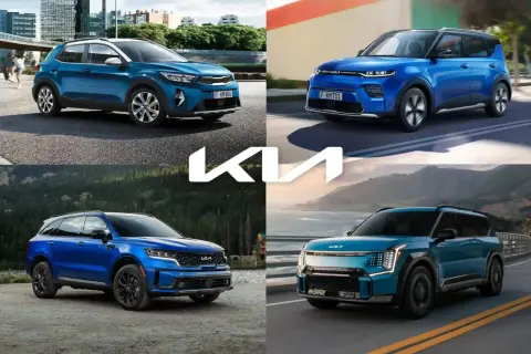 Kolekcja różnych modeli Kia: niebieski crossover na tle miasta, Soul, Sorento i futurystyczny SUV.