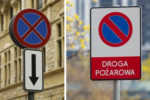 Dwa znaki drogowe: okrągły z niebieskim polem i czerwonym iksem, informujący o zakazie postoju, oraz prostokątny z napisem "DROGA POŻAROWA".