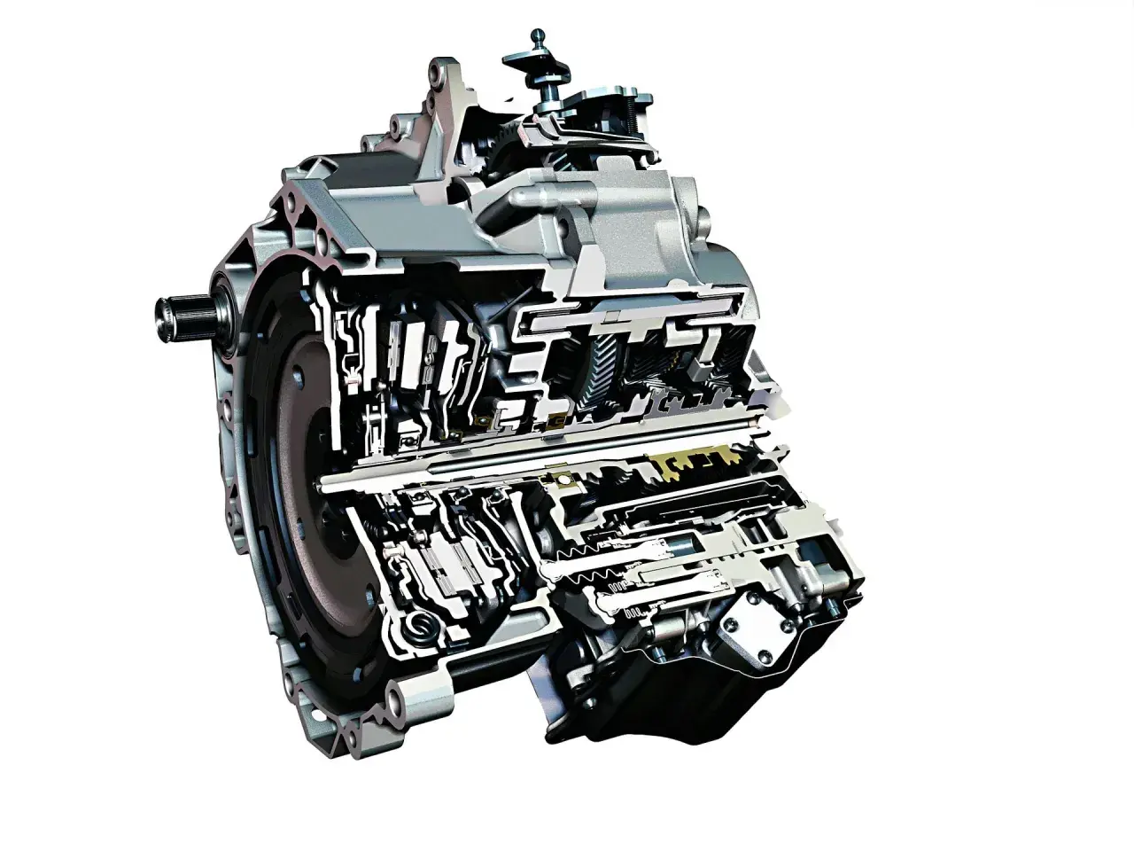 Przekrój nowoczesnej sekwencyjnej skrzyni biegów z widocznymi elementami mechanicznymi i hydraulicznymi.