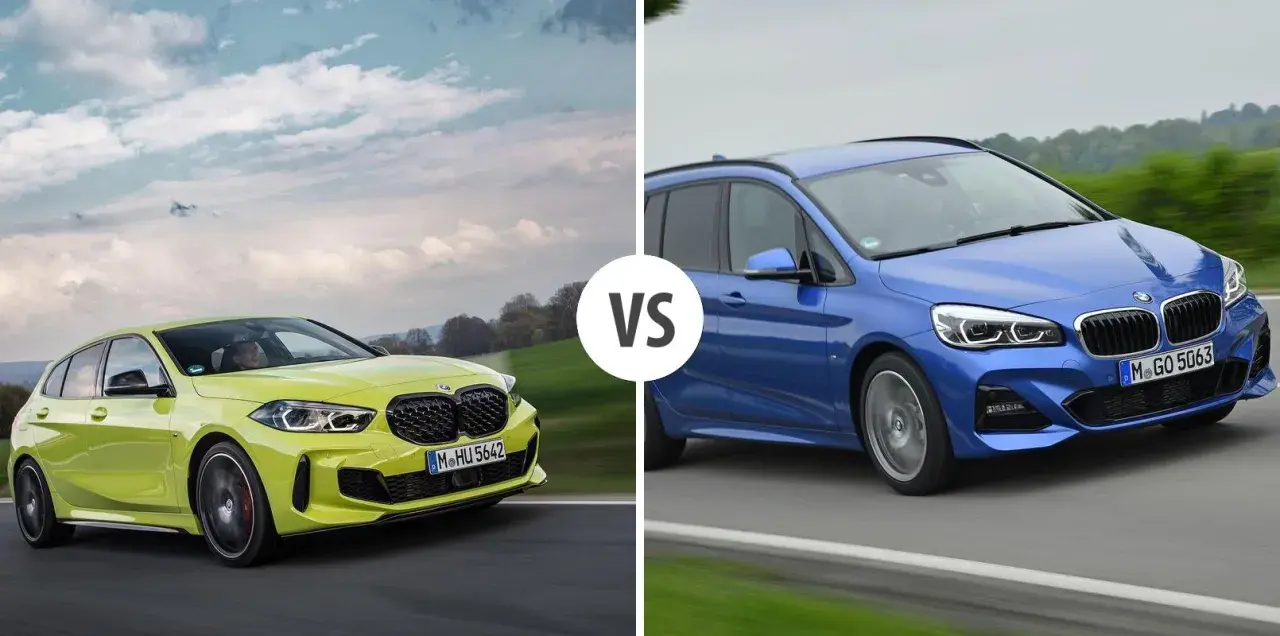 Dwa BMW hatchbacki: jeden żółty, drugi niebieski, jadące po drodze.
