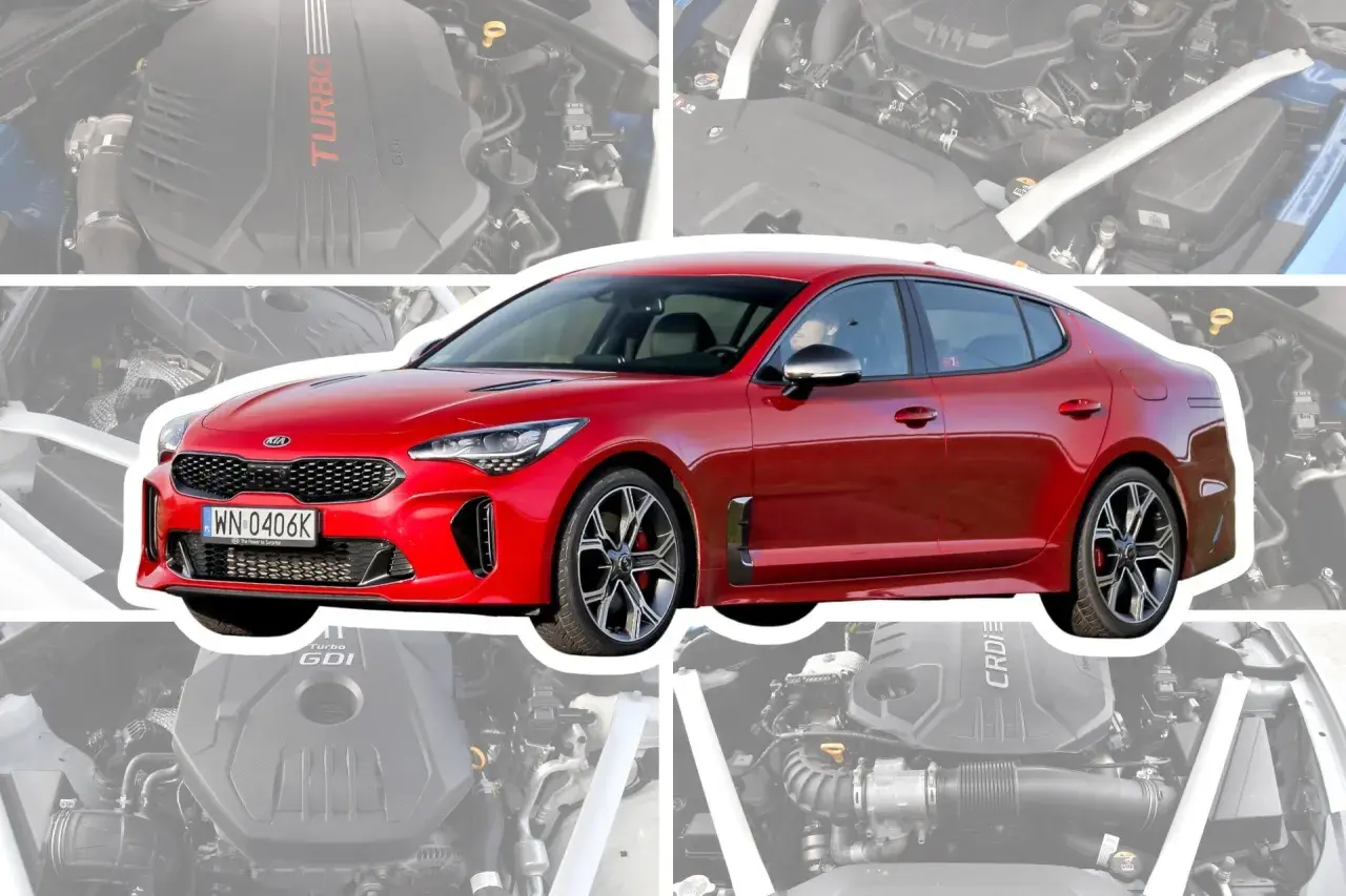 Czerwone Kia Stinger na tle silnika. Wiele osób szuka kia stinger opinie, ten model zachwyca mocą.