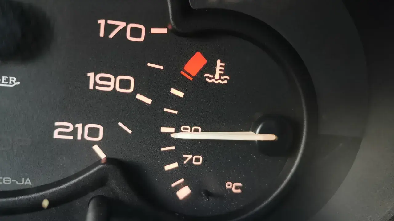 Wskaźnik pokazuje, że temperatura oleju w silniku jest bliska 90°C.