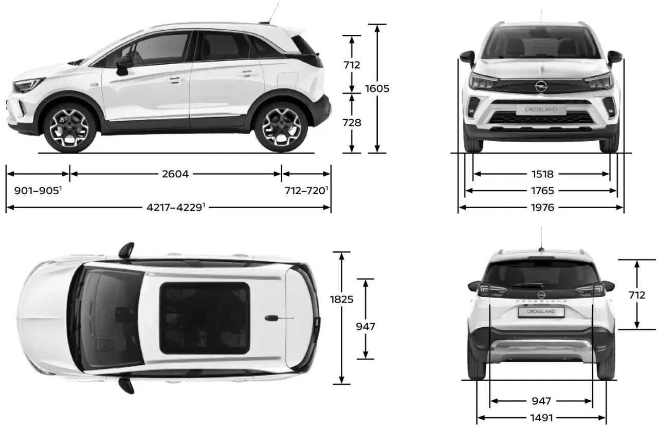 Opel Crossland wymiary: długość 4217-4229 mm, szerokość 1765 mm, wysokość 1605 mm. Widok z boku, przodu, tyłu i góry.