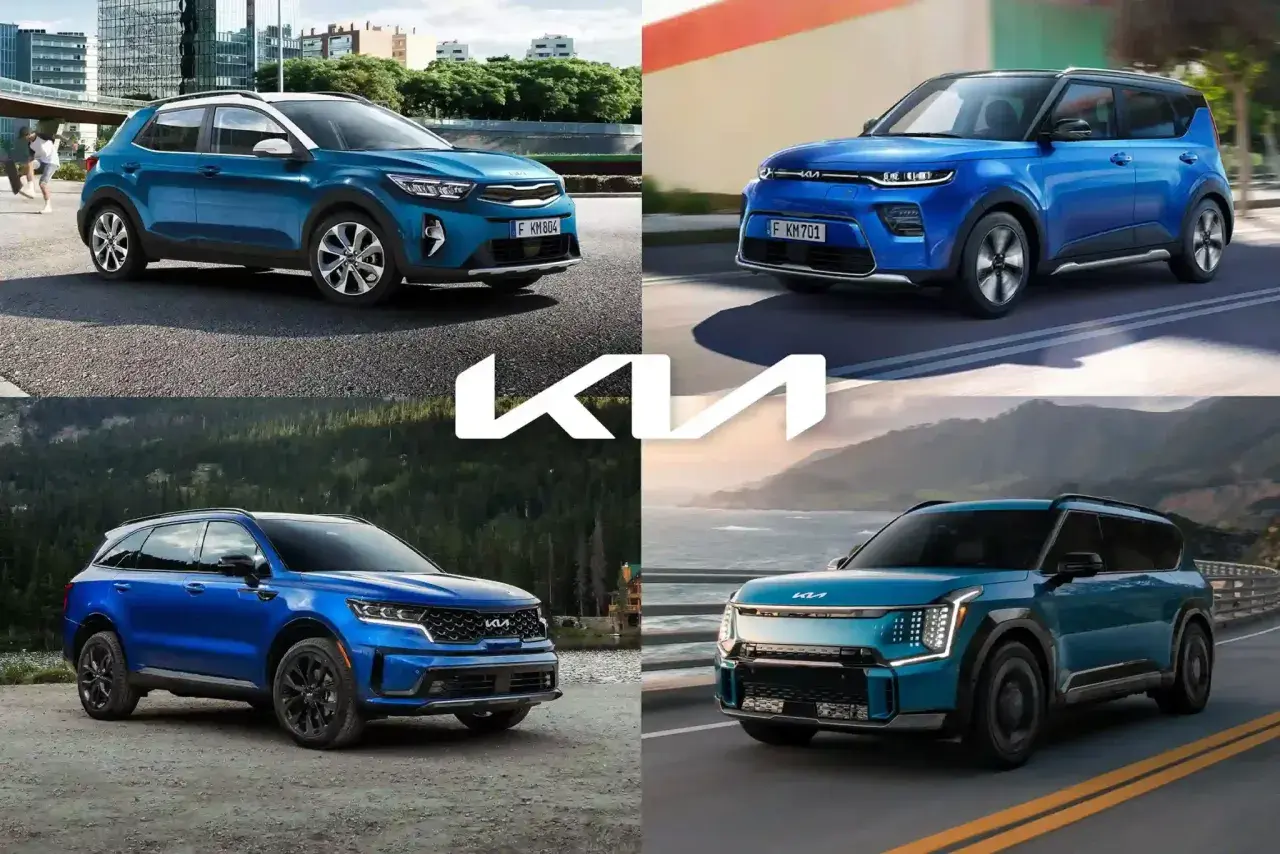 Cztery różne modele suv kia w odcieniach niebieskiego i turkusowego, prezentowane w miejskim otoczeniu, nad jeziorem i na drodze.