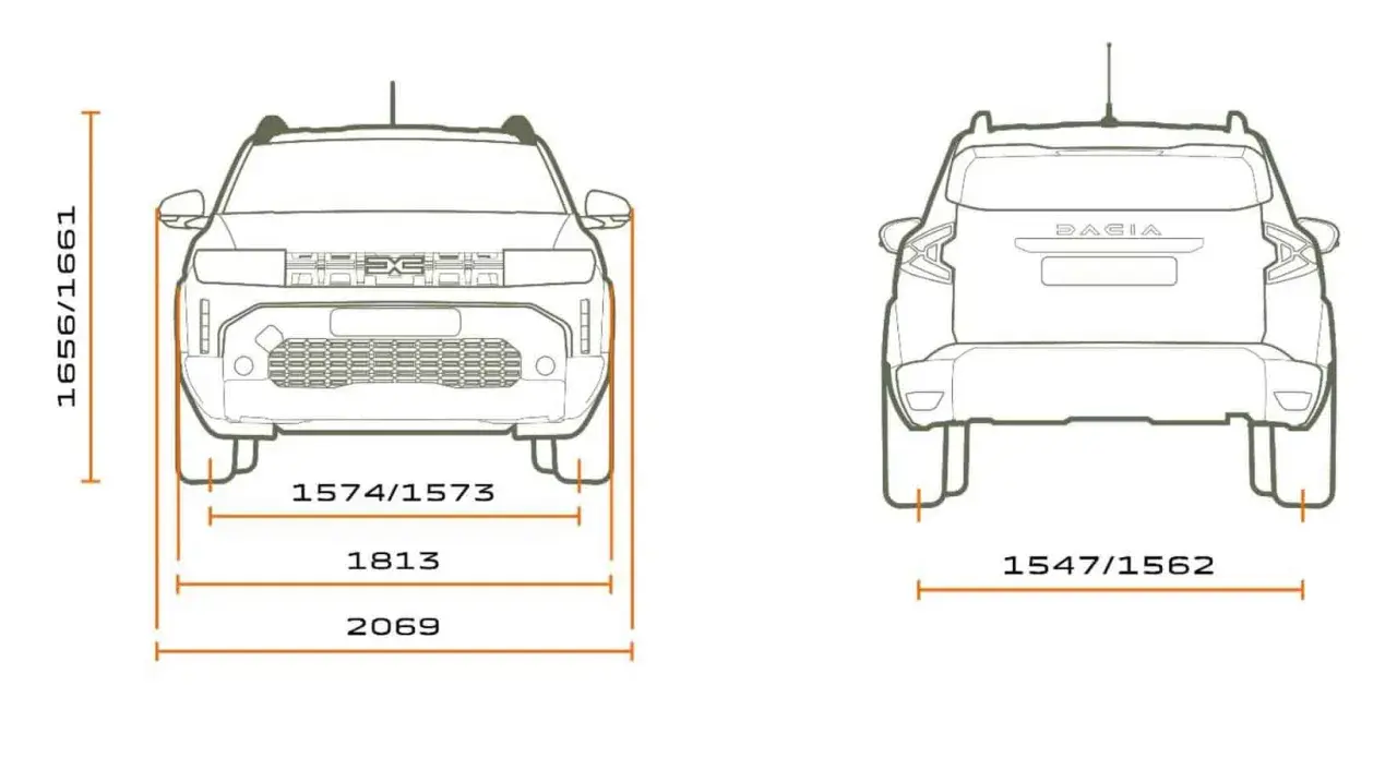 Schematyczne rysunki przodu i tyłu Dacia Duster z wymiarami: wysokość 1656/1661 mm, szerokość 1813 mm, całkowita szerokość 2069 mm, rozstaw kół 1574/1573 mm i 1547/1562 mm.