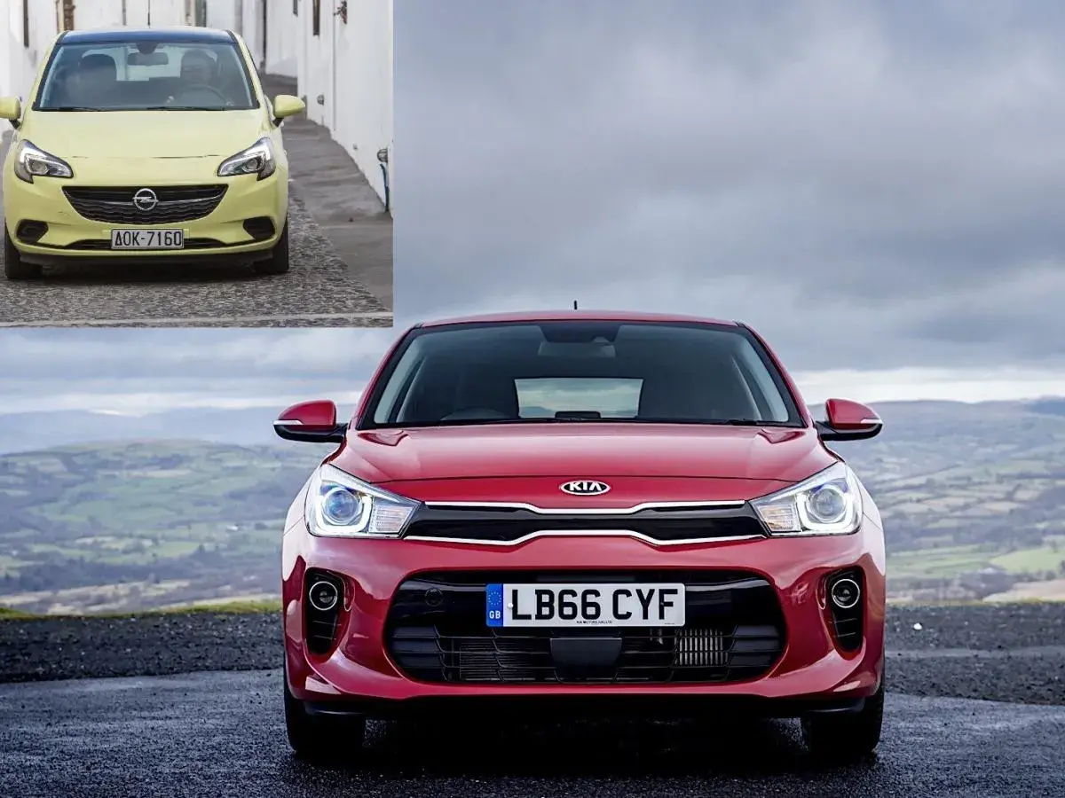 Czerwone Kia Rio na tle krajobrazu. W rogu zdjęcie żółtego Opla. Szukasz kia rio opinie?