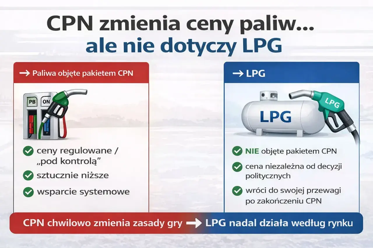 CPN zmienia ceny paliw, ale cena gazu LPG pozostaje rynkowa. Obok porównanie paliw objętych pakietem CPN i LPG.