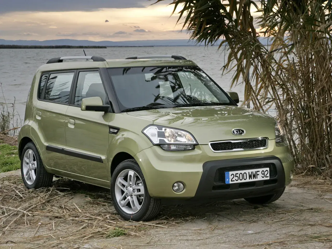Zielony Kia Soul na tle jeziora i trzcin. Wiele osób szuka kia soul opinie przed zakupem.
